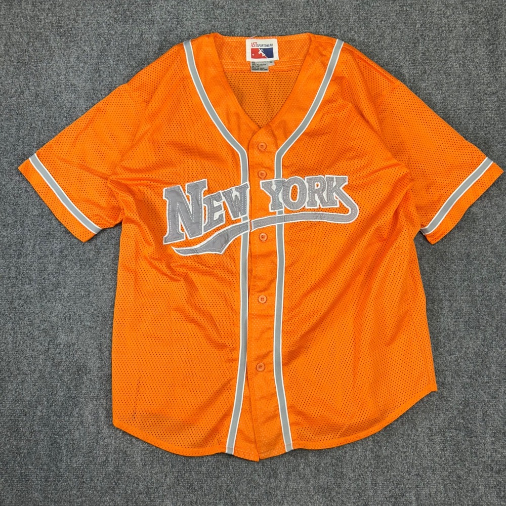 AST Sportswear Mens New York Baseball Jersey Orange Mesh Button Up XL